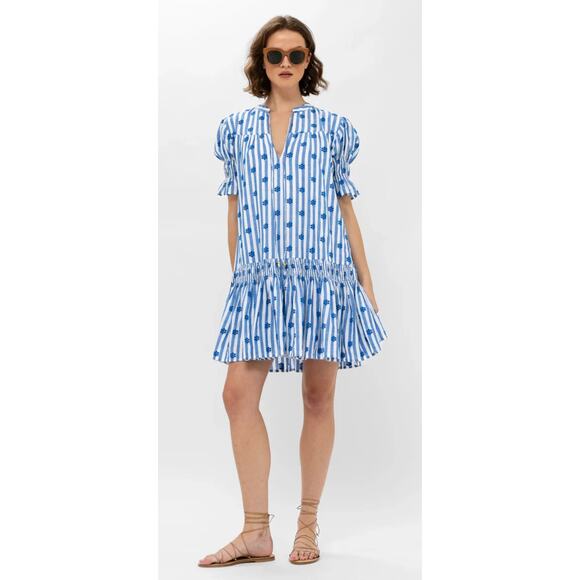 OLIPHANT Smocked Drop Waist Mini Dress Capri Blue Puff Sleeve Tuckernuck XL - Picture 1 of 9